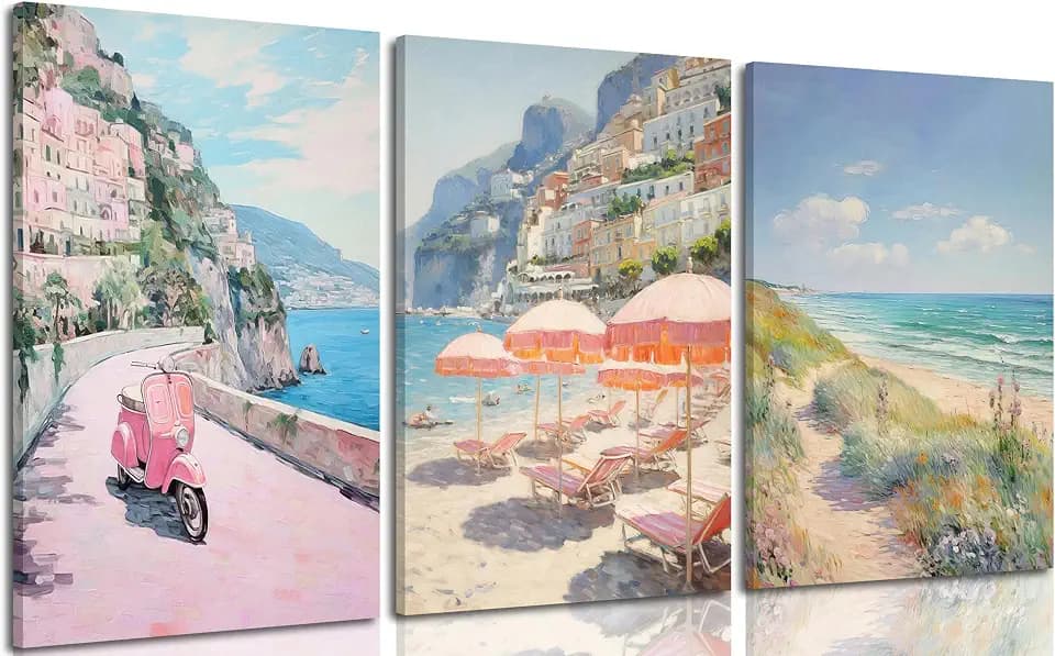 Vintage pink amalfi coastal Canvas wall art Retro Italy Pastel Beach Umbrella Painting Picture Wall Decor Pink Motorcycle Poster Print Artwork for Office Bedroom Living Room Girls Room Home Decoration