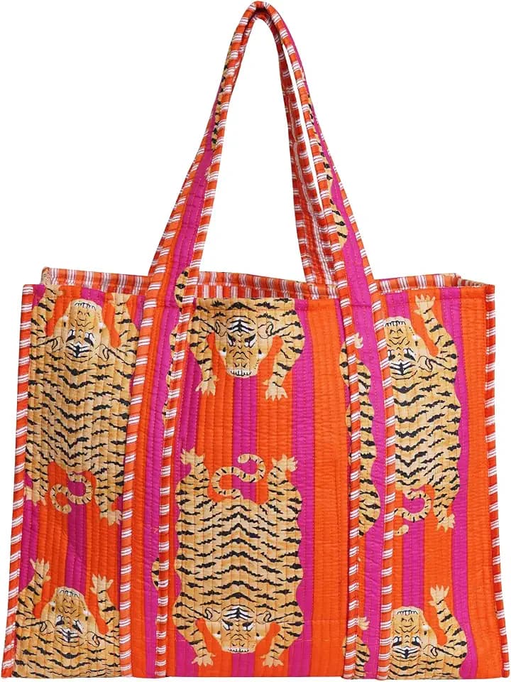 Floral Cotton Tiger Block Print Tote Bag, Indian Handmade Shopping Shoulder Beach Bag, Unisex Market Daily Use (1, DN 37)