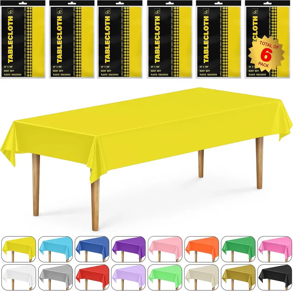 DecorRack 6 Rectangular Tablecloths BPA-Free Plastic, 54 x 108 inch, Dining Table Cloth, Rectangle Table Cover for Parties, Picnic, Camping and Outdoor, Disposable or Reusable, Yellow (6 Pack)