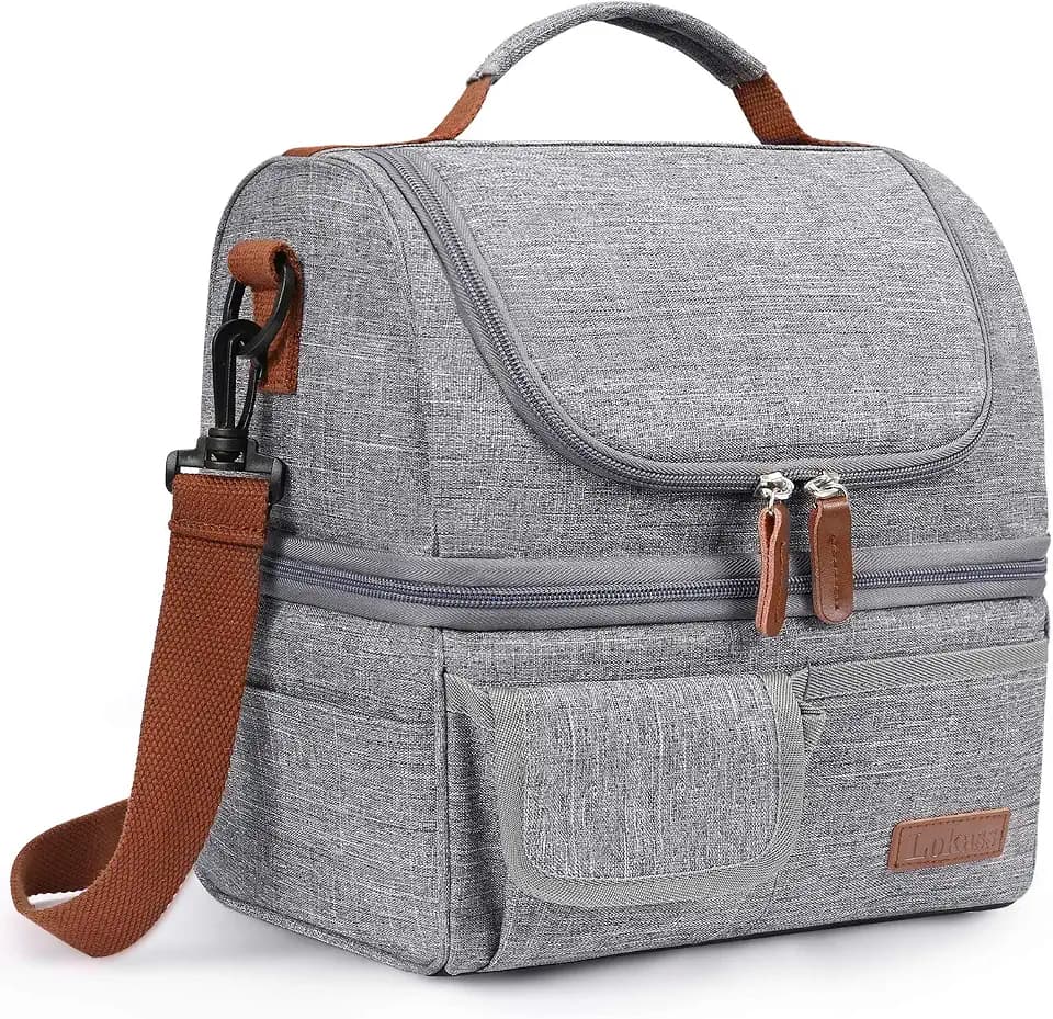 LOKASS Lunch Box for Women-Double Deck Insulated Adults Lunch Bag with Removable Shoulder Strap- Cute Wide Open Lunch Tote for Work/Office/Picnic/Beach/Travel (Gray)