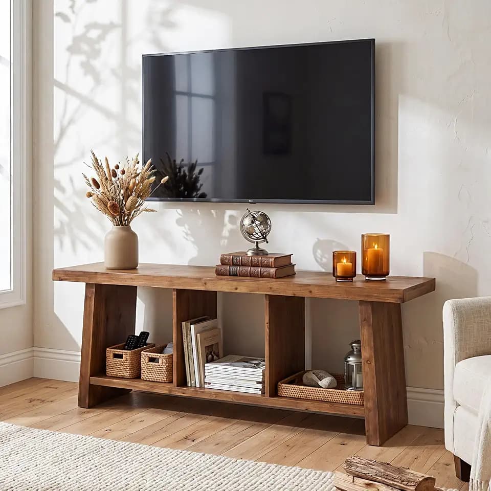 LITTLE TREE 63 Inch Farmhouse TV Stand for 65/70/75 Inch TVs, Entertainment Center with 3 Open Shelves, Rustic Media Stand for Living Room, Wooden Television Stands with Storage