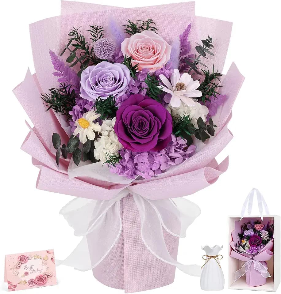 Flowers for Delivery Prime Preserved Flowers Bouquet with Vase That Last 3-5 Years Real Forever Flowers Purple Rose Bouquet for Mom Mother Women Wife Friends Birthday Mothers Day Gifts