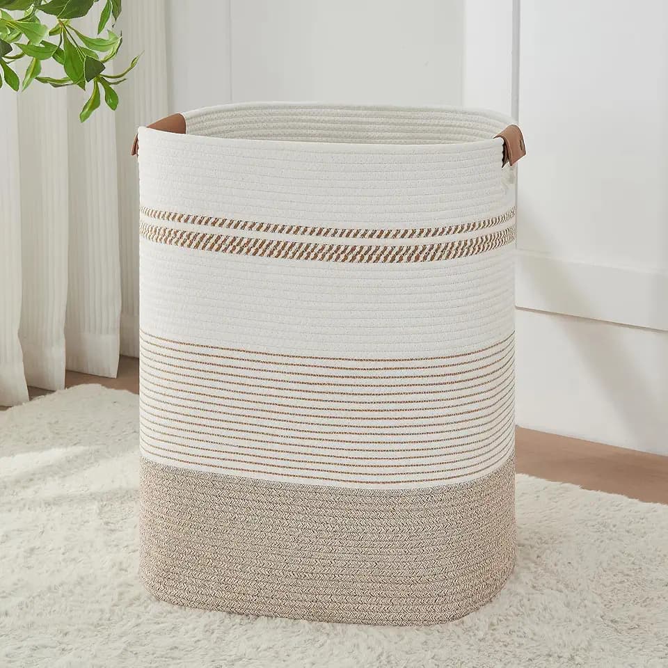 AINUOQI Laundry Basket with Handles - Blanket Basket & Hampers for Bedroom Aesthetic, Laundry Hamper & Blanket Storage for Living Room, Clothes Hamper, Tall, Large 17" x 14" x 22”, Light Brown & White