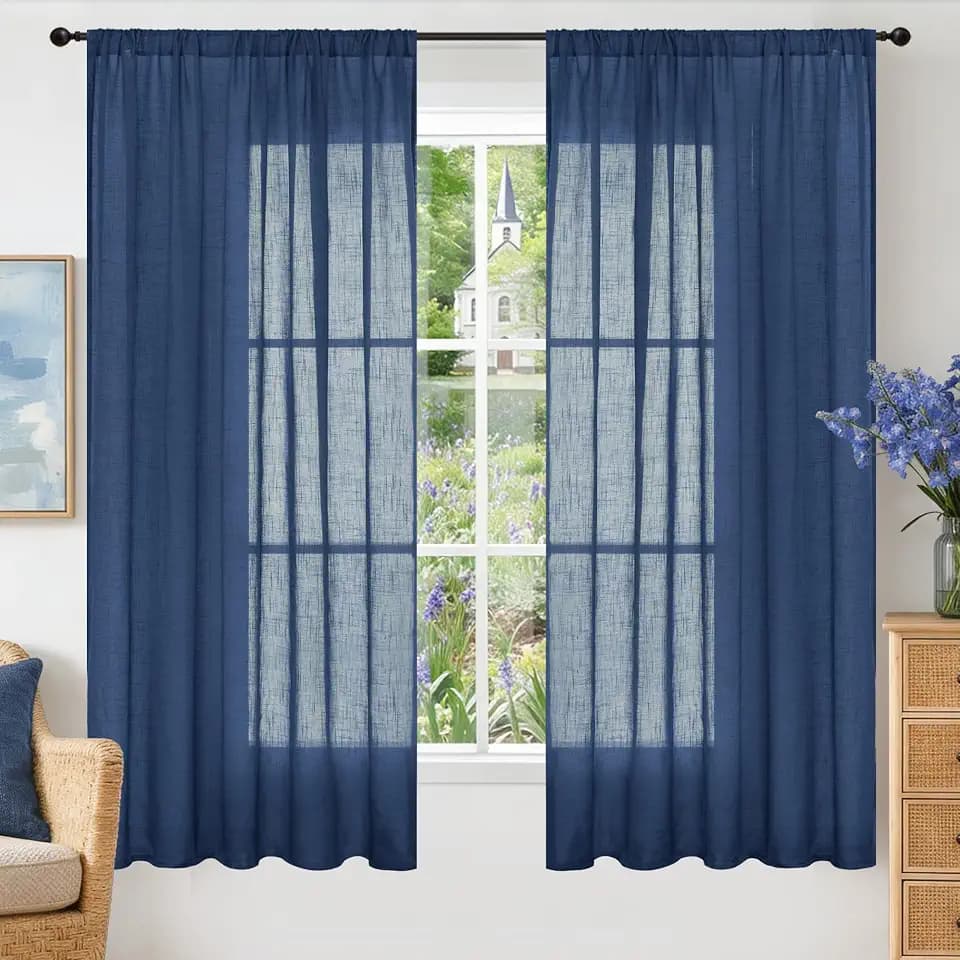 BGment Navy Blue Linen Curtains 63 Inch Length for Living Room, Semi Sheer Window Drapes Light Filtering Decor with Rod Pocket Lightweight for Dining Room Bedroom, 2 Panels Set, Each 52 Inch Wide
