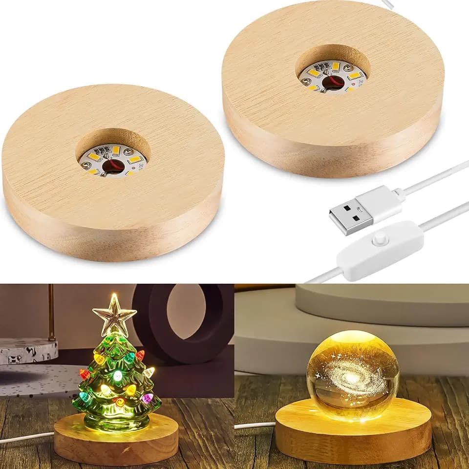 Honoson 2 Pcs Christmas Wood Light Base for Glass Art, Round, Wood