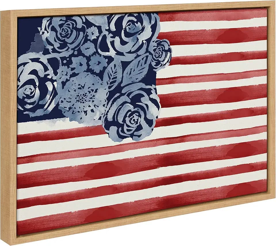 Kate and Laurel Sylvie Floral Flag Framed Canvas Wall Art by Sara Berrenson, 18 x 24, Natural, Chic Floral American Flag Art Wall Décor