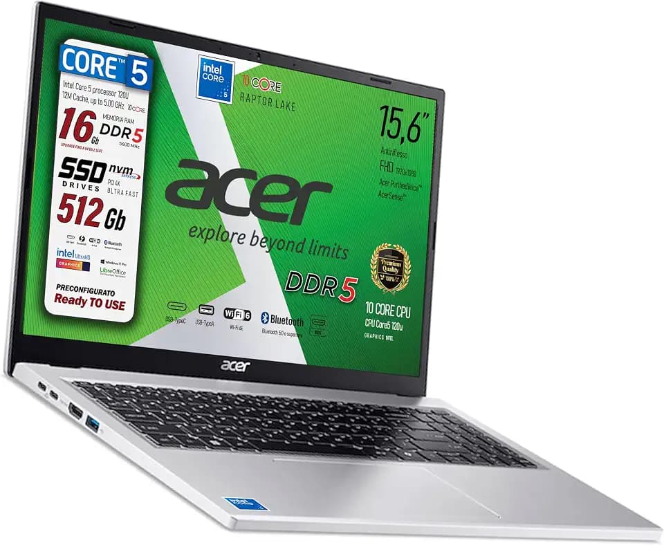 Notebook Extensa Silver Intel Core i5-13420H 13Th Raptor Lake, 8Core, 15,6 Zoll FullHD Display, 32 GB DDR5, SSD PCIe NVMe 512 GB, Wi-Fi6, BT, 4 USB Davon 2 USB Typ C, Win 11Pro, sofort einsatzbereit