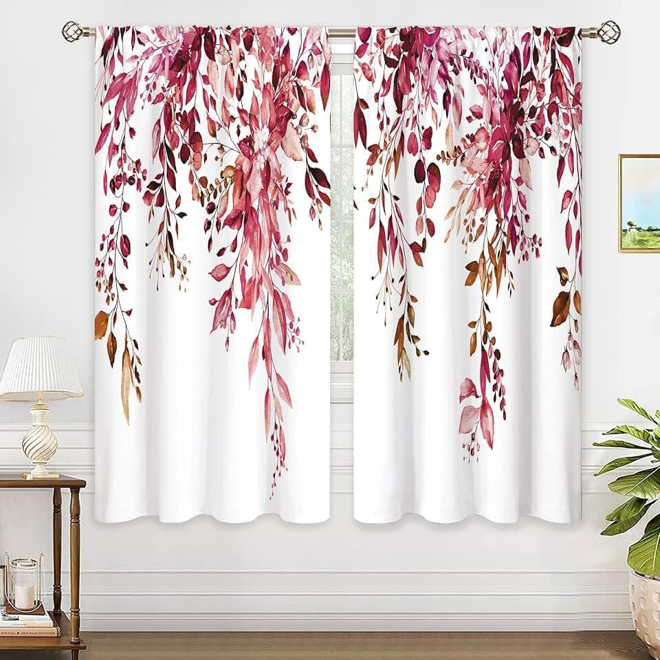 Burgundy Eucalyptus Leaves Window Curtains Rustic Watercolor Red Flower Floral Plant Botanical Farmhouse Curtain Drapes Herb Curtains for Bedroom Living Room Treatment 2 Panels 42Wx45H Inch