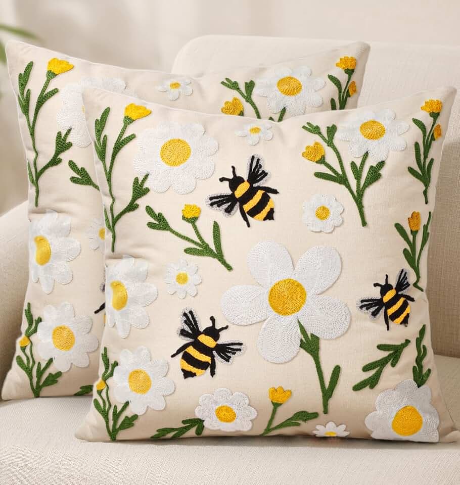 Embroidered Throw Pillow Covers 18x18 Inch, 2Pack, Flower Bee