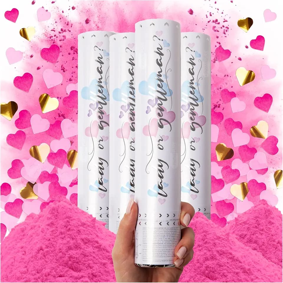 PrimePure Gender Reveal Confetti Cannon, Pink Paper Hearts & Powder, 4 Pack