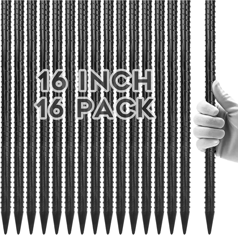 Gbekery 16 Inch Straight Rebar Stakes 16 Pack, 3/8" Ground Anchors, Black