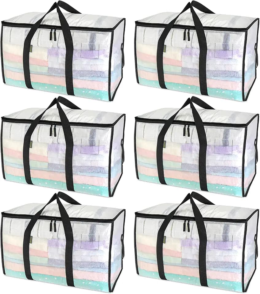 BALEINE 6-Pack Oversized Moving Bags with Reinforced Handles, Heavy-Duty Storage Tote for Clothes, Moving Supplies (Clear, 6-Pack)