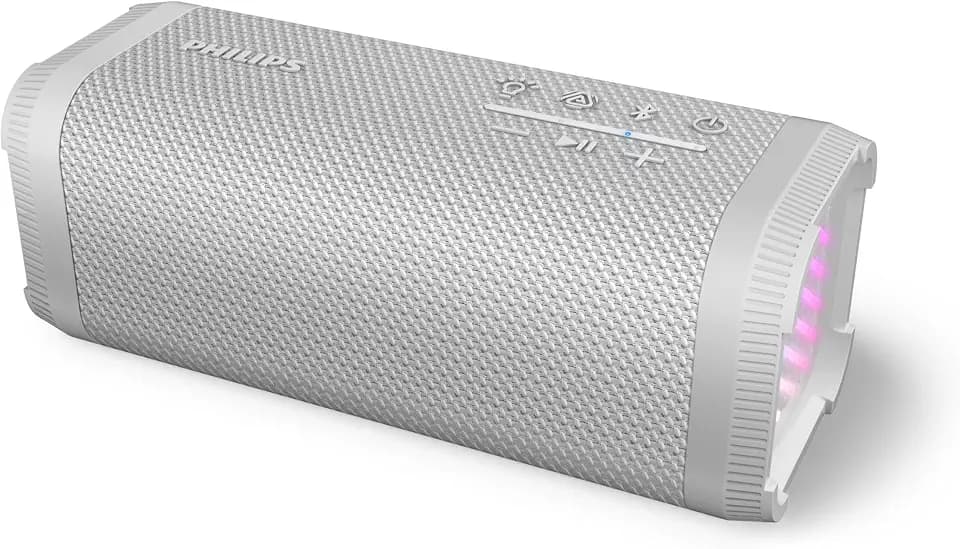 PHILIPS TAS2000W kabellose Bluetooth-Lautsprecher mit LED-Lichtshow, 20 W Bass+, Auracast, 20 Std. Wiedergabezeit, nach IPX5 spritzwassergeschützt, USB-Wiedergabe, Mikrofon, App-Steuerung – Weiß