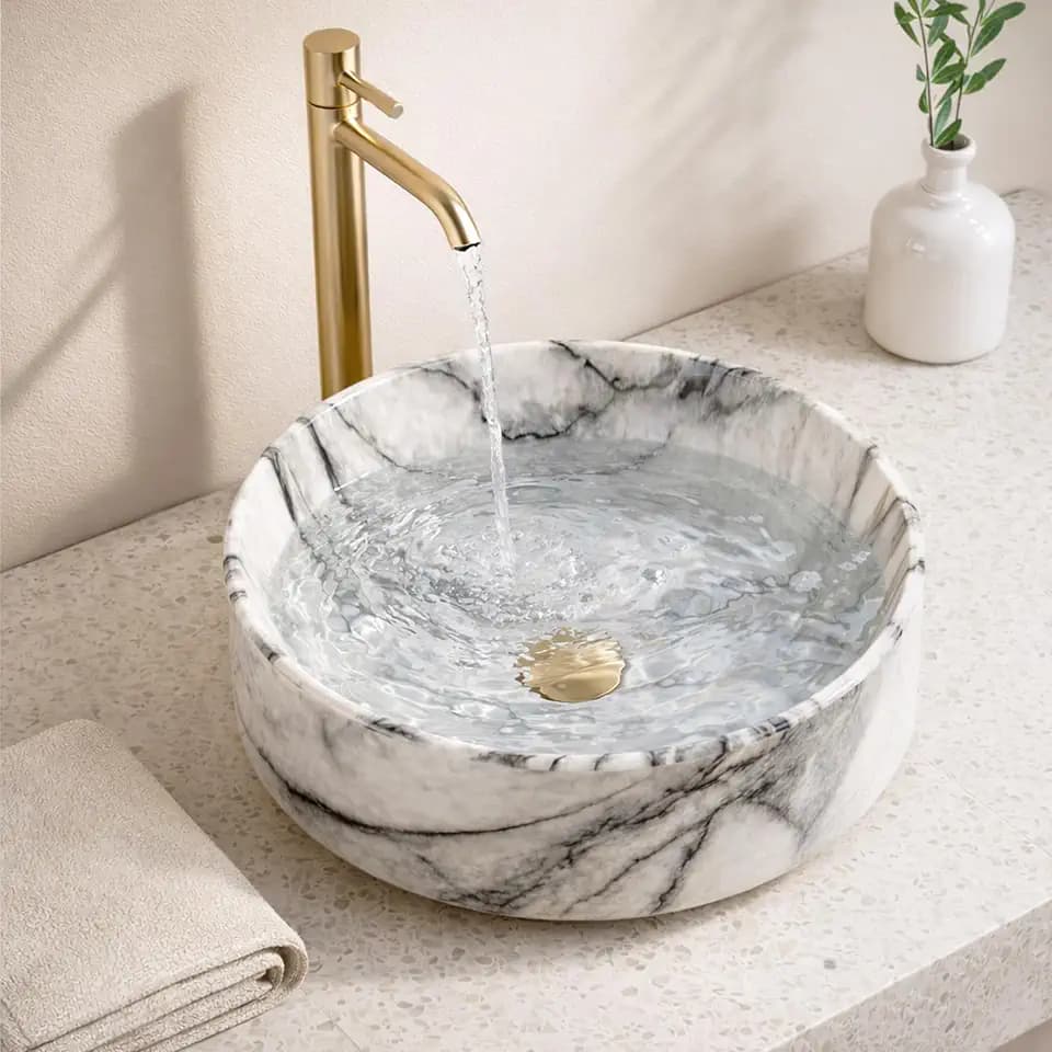 KES Grey Marble Vessel Sink For Bathroom, 16" Round Bowl Sink for Vanity