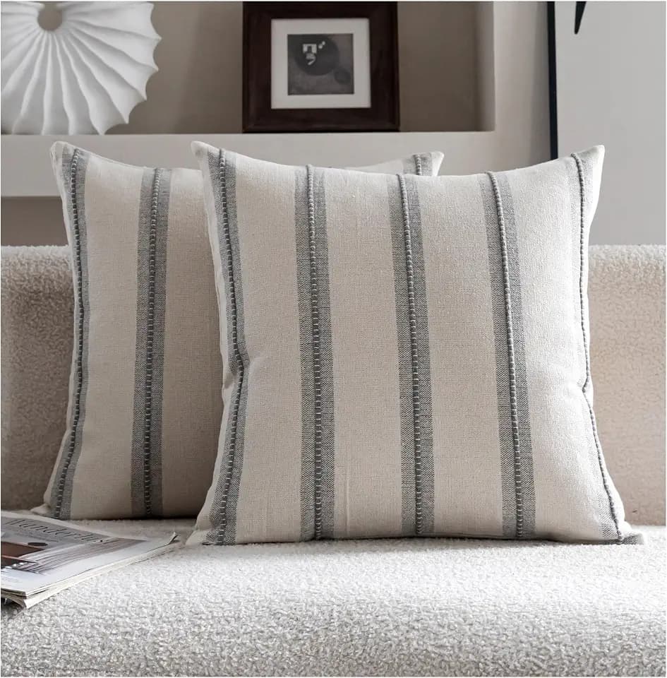 Cethom Boho Throw Pillow Covers 20x20 Set of 2, Grey Striped Decorative Pillow Cases for Couch Chair Bed, Farmhouse Modern Accent Cushion Covers for Living Room Bedroom Sofa Home Decor