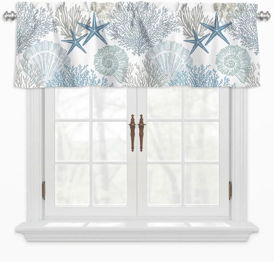 Coastal Beach Valance for Windows Summer Kitchen Valance Curtains 1 Panel Short Curtain with Rod Pocket Blue Ocean Window Treatments for Bedroom Living Room Bathroom 52 x 18 Inch