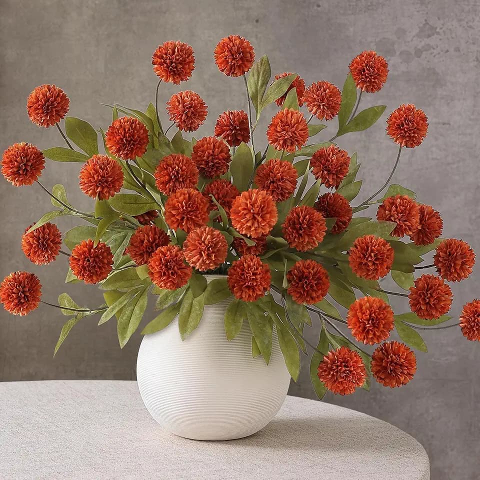 12Pcs 27"Artificial Fall Pompon Mum Stem Silk Flower for Vase Decor(Orange)