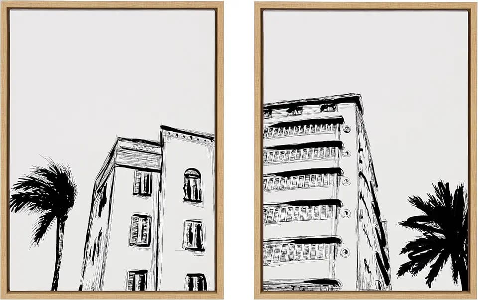 Kate and Laurel Sylvie Miami Beach Architecture Retro Art Deco 1 and 2 Framed Canvas Wall Art Set by The Creative Bunch Studio, 2 Piece 18x24 Bright Gold, Soft White Miami Building Art for Wall