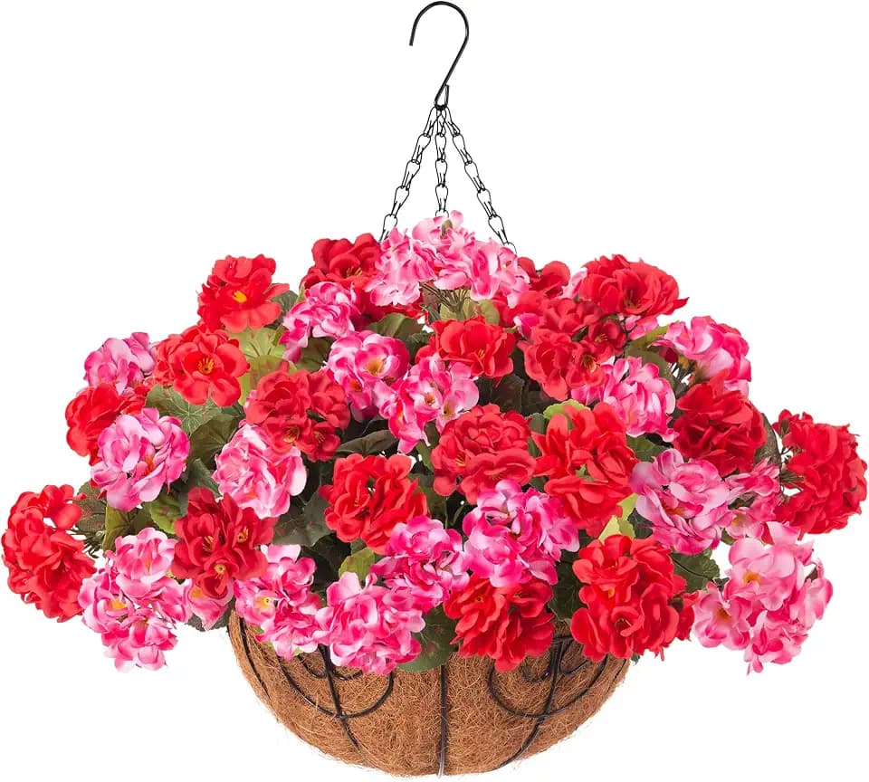 INSPRING Geraniums Artificial Flowers Hanging Basket for Outdoors Outside Decoration, 8 Bundles Silk Flowers Fake Plants Look Real UV Resistant for Porch Home Patio Balcony Yard, Red Pink