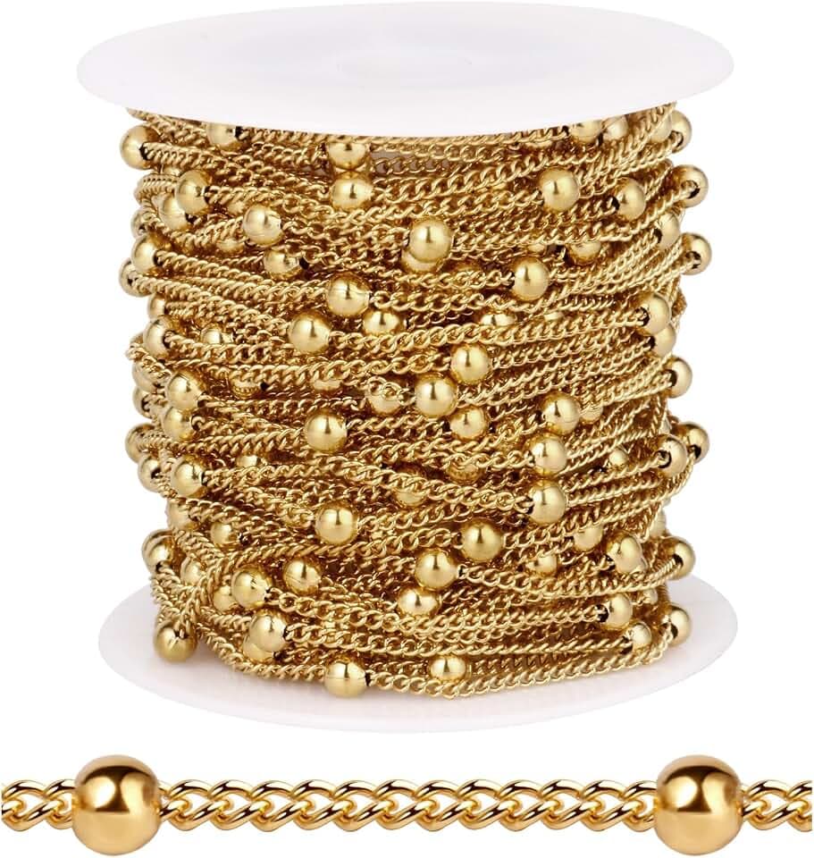33FT 2mm Gold Stainless Steel Satellite Chain Roll Bulk for Jewelry Making