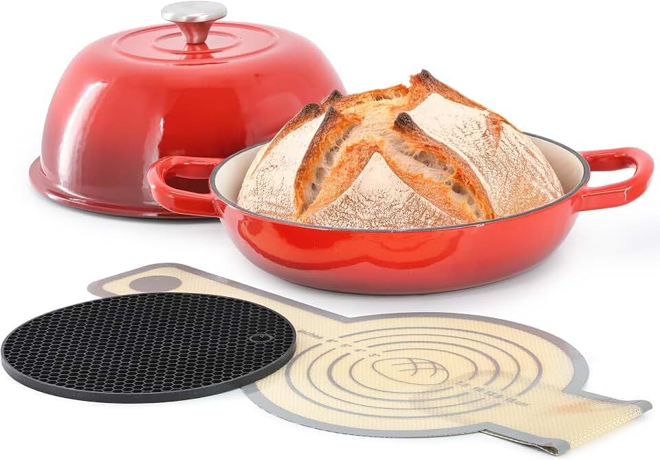 MegaChef 6 Quart Enameled Cast Iron Bread Pot in Red with Baking Mat, Dutch Oven, Bread Oven for Homemade Bread (Red)