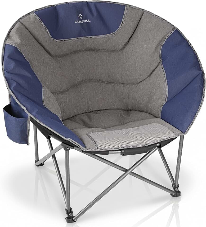 Oversized Camping Moon Chairs,Folding Round Padded Sofa Chair for Adults,Outdoor Lawn Chairs w/Side Pocket,Perfect for Indoor,Family Camping,Picnics and Garden,Blue&Grey
