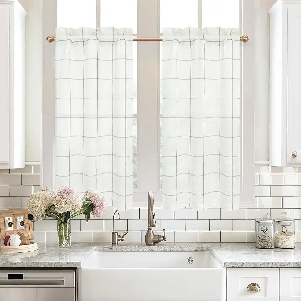 DriftAway Kitchen Curtains Striped Tier Linen Short Curtains Windowpane Plaid Cafe 45 Inch Length for Living Room Bathroom Chris Farmhouse Rustic Rod Pocket 2 Panels Gray