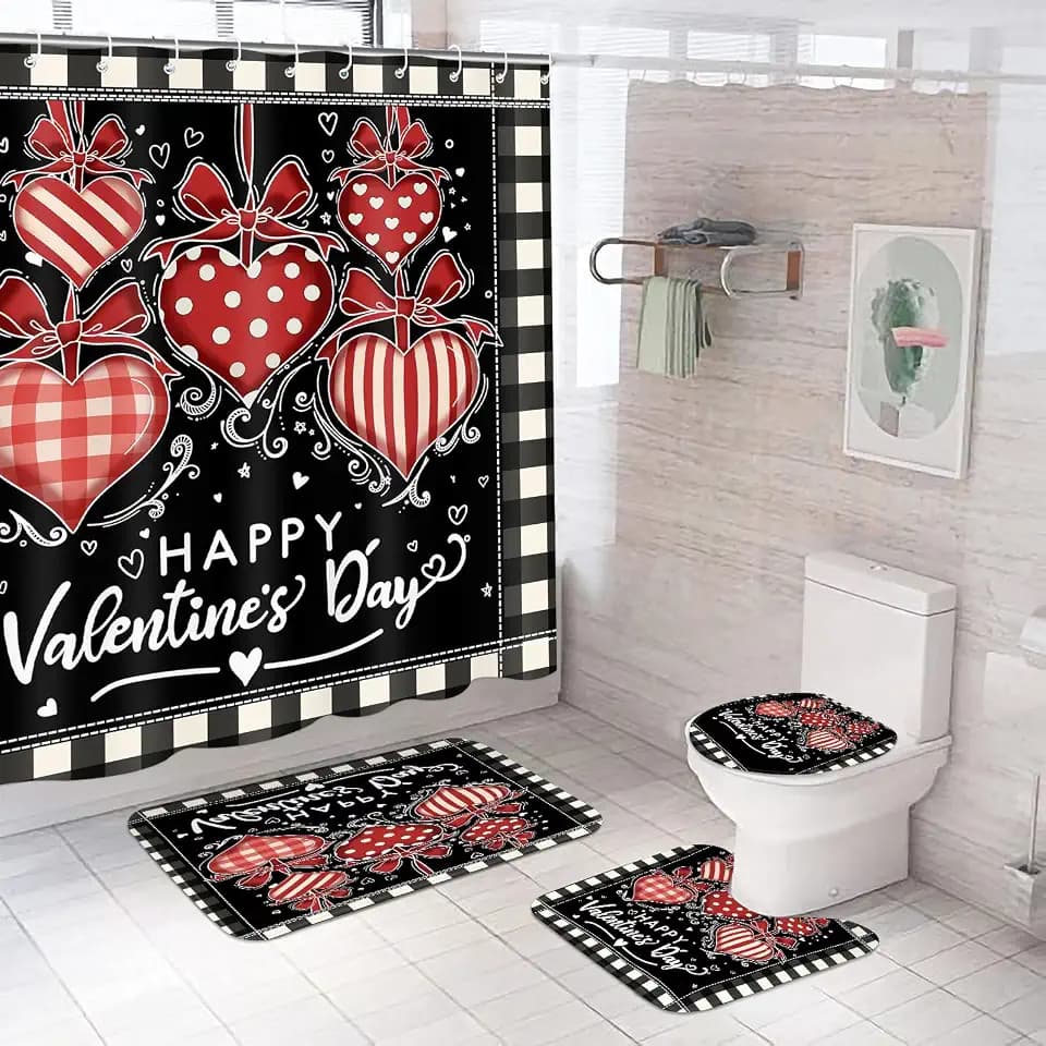 WILLBOND 4 Pcs Valentine‘s Day Shower Curtain Set with Non Slip Rug Toilet Lid Cover Bath Mat Happy Valentine‘s Day Buffalo Check Plaid Shower Curtain Farmhouse Love Hearts for Bathroom with 12 Hooks