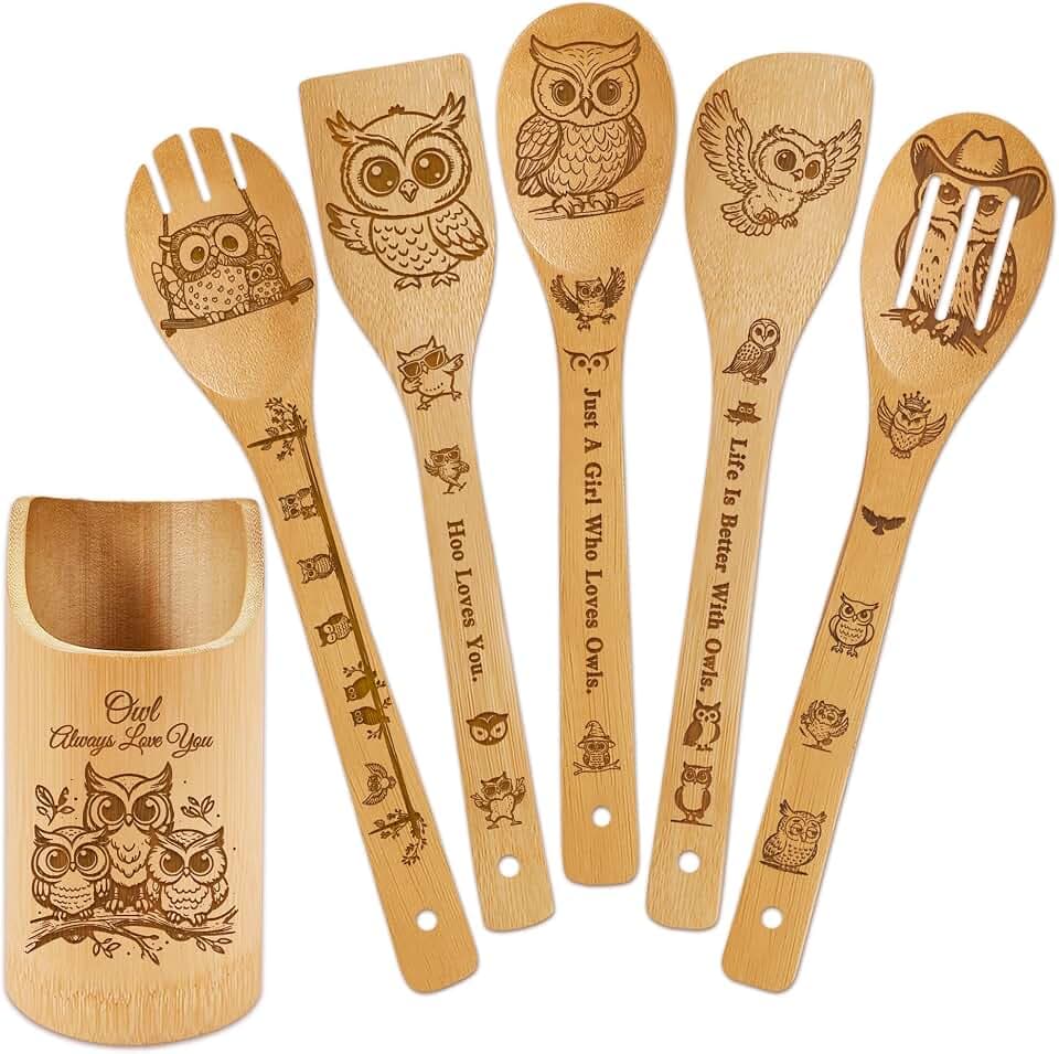 Owl Kitchen Decor Bamboo Wooden Spoons With Utensil Holder,Owl Kitchen Accessories for Cooking-Home Decorations Gifts for Women-Housewarming,Birthday,Mothers Day(6PCS)