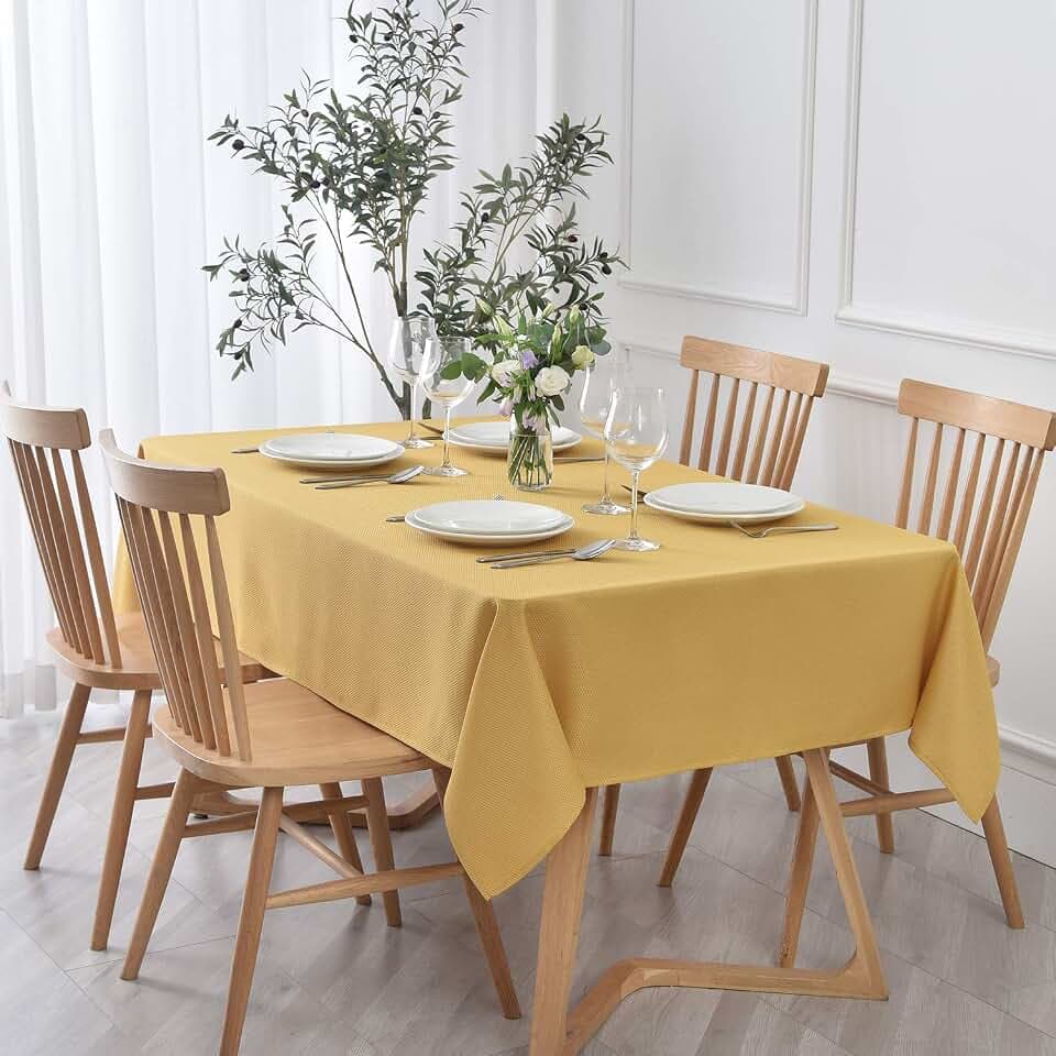 maxmill Textured Rectangle Tablecloth Water Resistant Wrinkle Free Spill-Proof, Soft Jacquard Table Cloth for Banquet Parties Event Holiday Dinner, Indoor and Outdoor Use, 60 x 84 Inch, Ochre Yellow