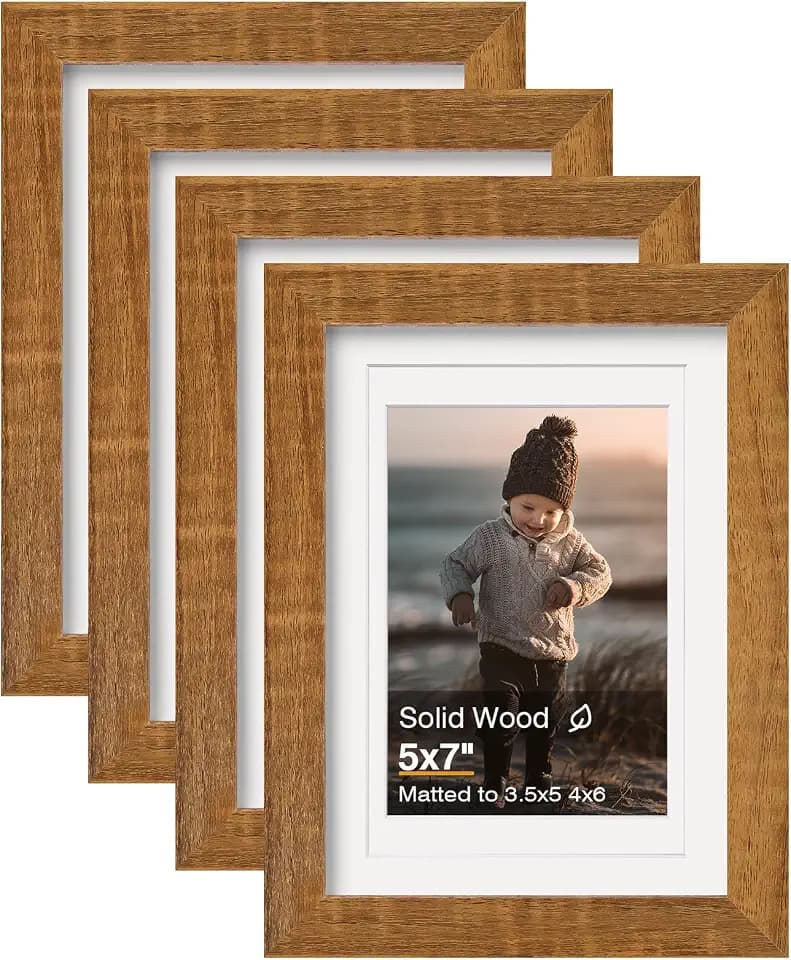 KINLINK 5x7 Picture Frame Teak, Solid Wood Frames with Acrylic Plexiglass for Pictures 3.5x5/4x6 with Mat or 5x7 without Mat, Tabletop and Wall Display Photo Frame, Set of 4