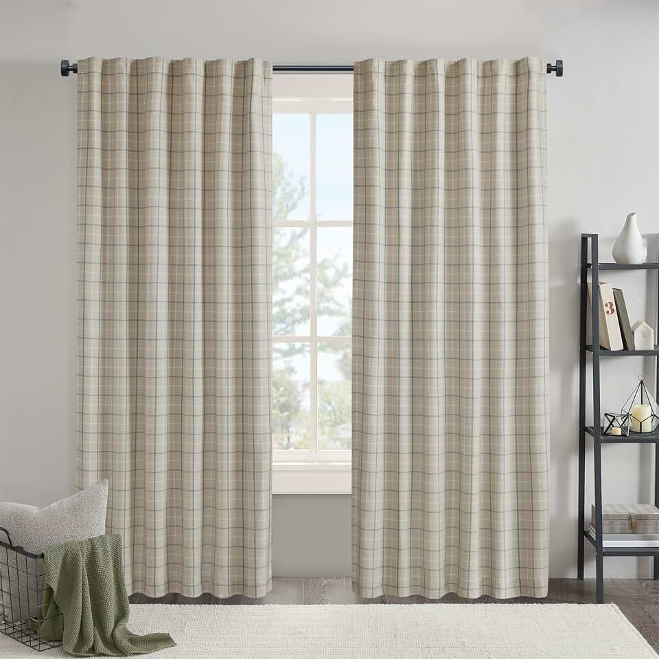 Madison Park Plaid Curtain Thermal Insulated, 1 Panel, 50x84 Linen Blue