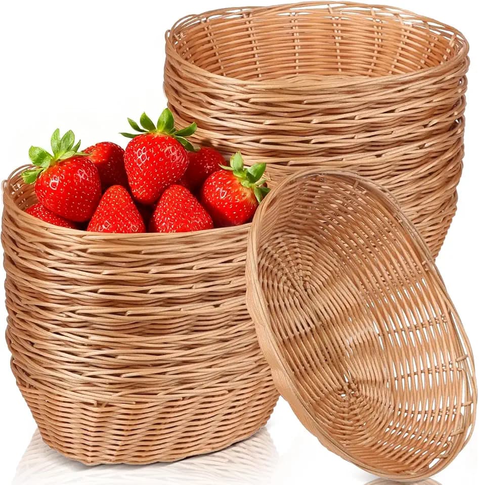 20 Pack Oval Poly Wicker Baskets — 9.1 x 6 x 2.6 Inch Wicker Bread Baskets, Small Size Gift Baskets for Kitchen, Restaurant, Fruit Storage, and Food Display