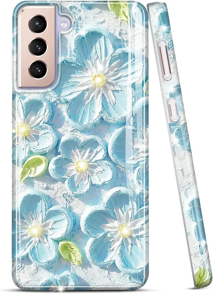 Galaxy S21 Case Sparkle Glitter Retro Oil Painting Printed Flower Design Slim Shockproof TPU Soft Cover Phone Case for Samsung Galaxy S21 5G Mint Blue