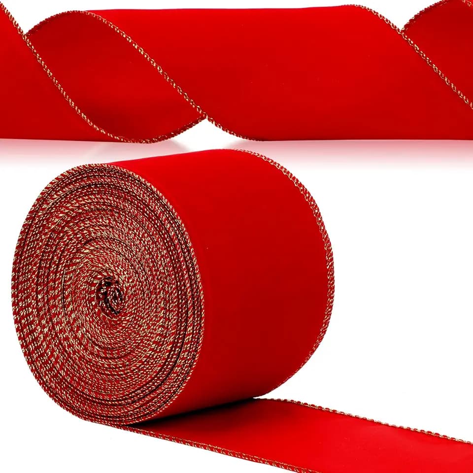 Yungyan Velvet Ribbon Gold Edge, 4 Inch X 35 Yards, Red
