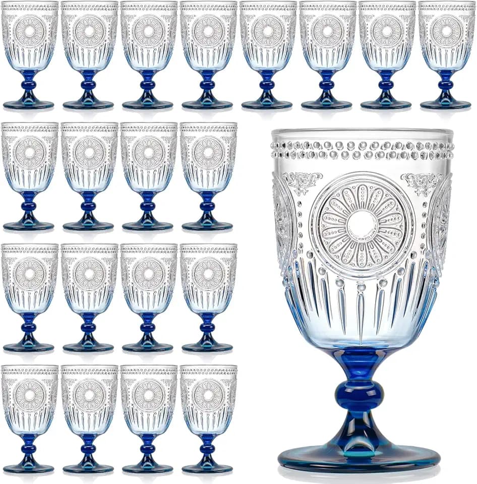 XUWAIDSGN 24Pcs Plastic Vintage Wine Glasses 13.5oz Reusable Embossed Goblet Glasses Blue Gradient Retro Wine Glassware Unbreakable Stemmed Champagne Water Cups for Wine Cocktail Juice Wedding