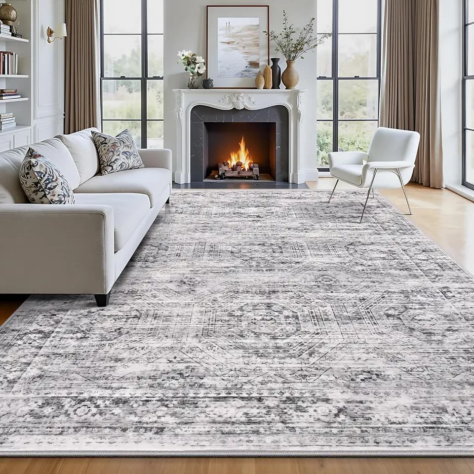 8' x 10' Area Rug, Washable Non-Slip Vintage Low-Pile Faux Wool Carpet, Soft Pet Friendly Farmhouse Rug for Living Room Bedroom Dining Room, Grey