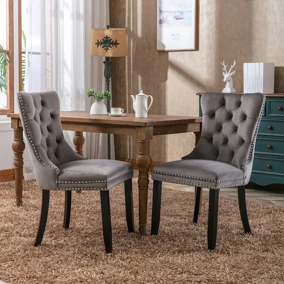Velvet Upholstered Dining Chairs Set of 2, Button Tufted Wingback with Nailhead Trim and Pull Ring, Solid Wood Legs, Easy Assembly,Gray