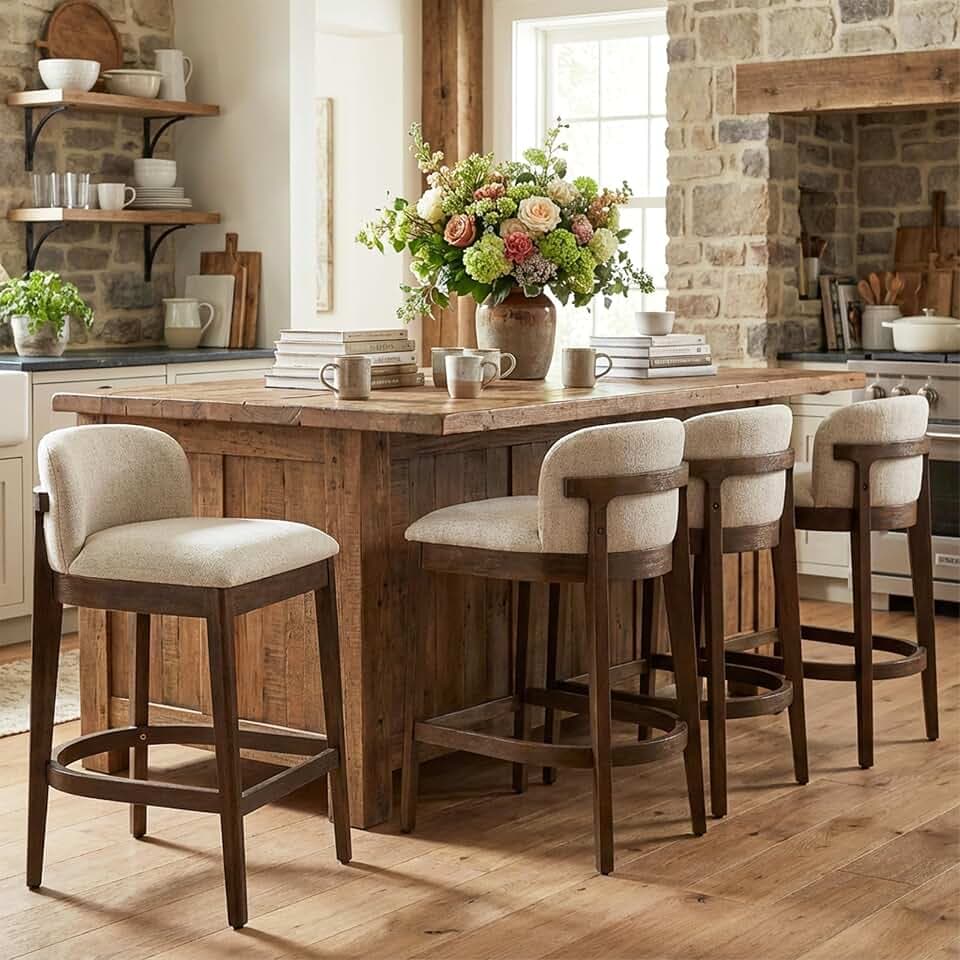 Christopher Knight Home Arden Indoor Wooden Counter Stool Set of 4, Upholstered Seat with Foam Cushion, Kitchen Bar Stools with Rubberwood Frame and Footrest for Dining Island, Beige + Walnut