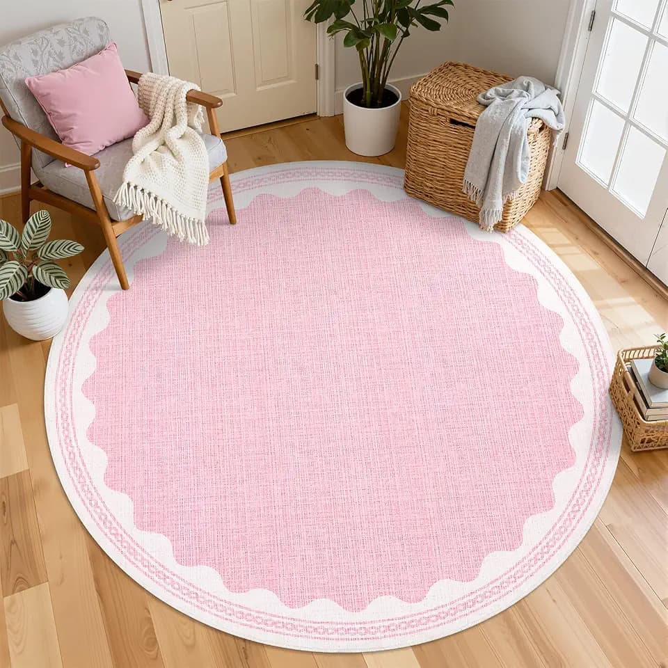 GarveeHome Scalloped Edge Solid Pink 4ft Round Rug Circle Modern Minimalism Washable Non-Slip Soft Ultra-Thin Carpet for Living Room Kitchen Bedroom Nursery Dining Room