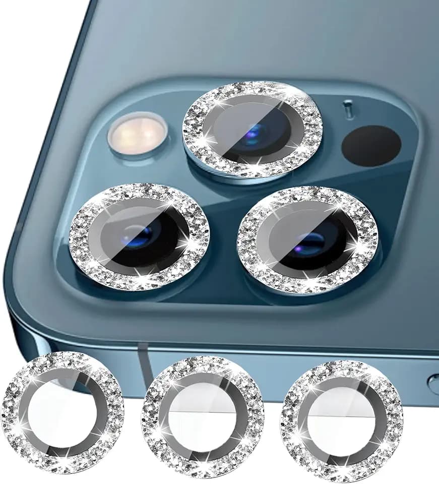 Nothers 3 Pack Bling Compatible with iphone 12 Pro Max Camera Lens Protector, 5G 6.7-Inch, HD Tempered Glass Screen Glitter Protective Case, Back Cover Accessories, Anti Scratch (Silver)