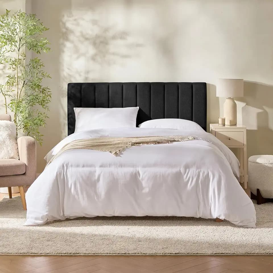 Nestl Upholstered Full Headboard - Easy Assemble Channel Stitched Headboard Full Size - Wall Mounted Headboards with 3D Soundproof Wall Panels Peel & Stick Floating Headboards, Black