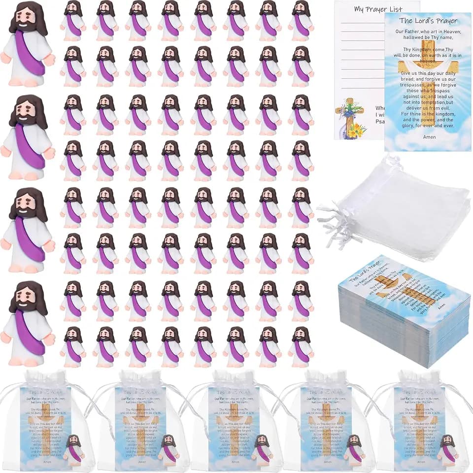 Barydat 75 Set Purple Mini Jesus Figures with Prayer Cards and Organza Bags