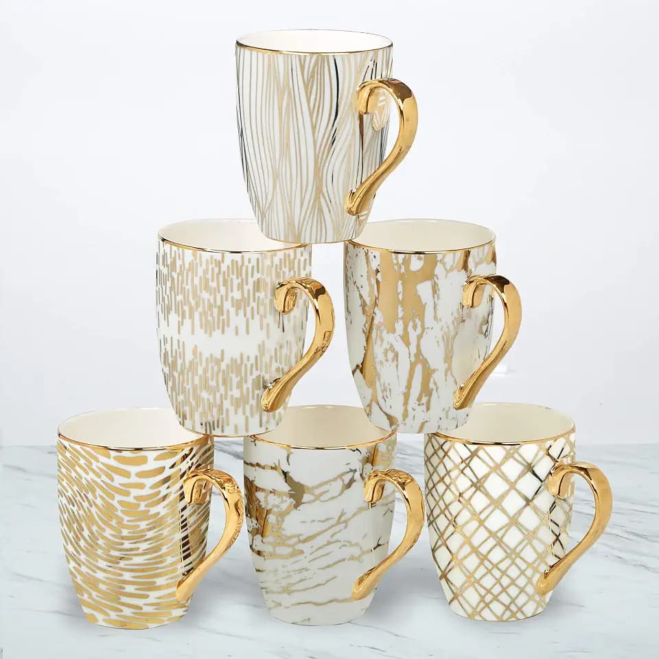 Matrix Gold Porcelain Coffee & Tea Mug Set – Premium Fine Porcelain with Elegant Gold-Plated Finish (not microwave safe), Luxury Drinkware for Everyday Dining, Entertaining & Special Occasions