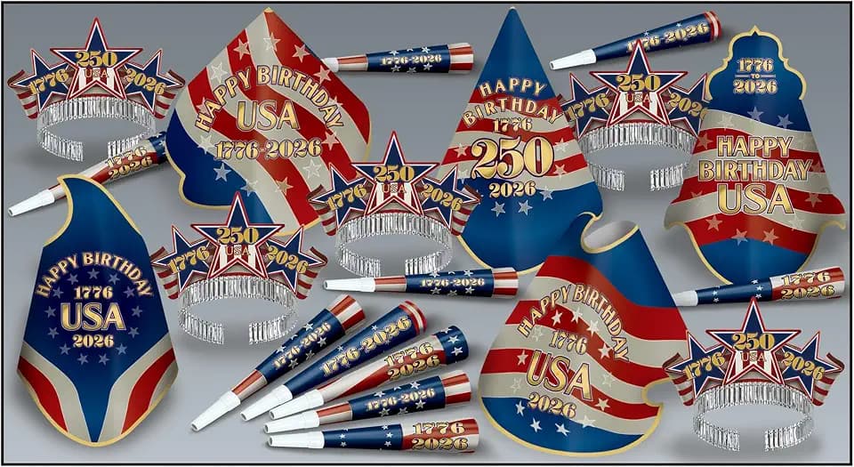 Beistle Semiquincentennial Assortment for 10 – Festive Patriotic Hats, Horns and Tiara Accesories for 250th Anniversary Events, Fourth of July, and Community Celebrations