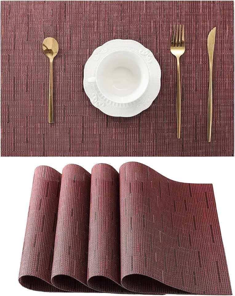Burgundy Placemats Set of 4 - Heat Resistant Non-Slip Place mats for Dining Table, Washable Durable PVC Vinyl Woven Table Mats(Burgundy, 4)