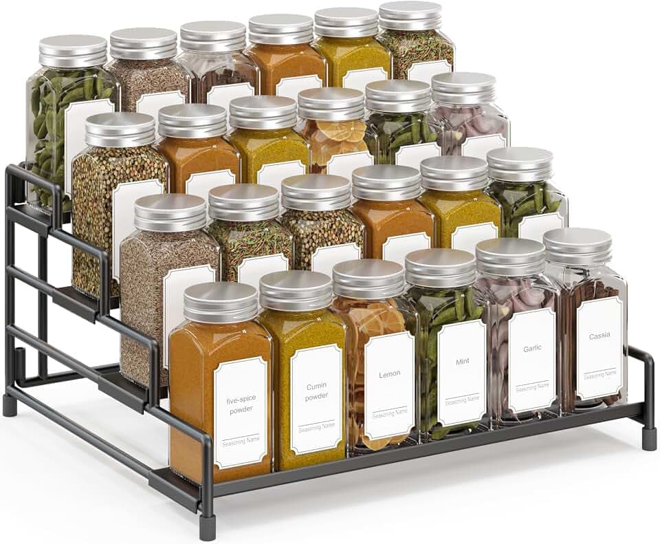 RUILALIFE 4-Tier-Spice-Rack-Organizer-for-Cabinet, Adjustable Depth Spice Holder Shelf For Countertop Pantry Cupboard, Metal Tiered Seasoning Organizer,Display Shelf Riser (Black-1 Pack)