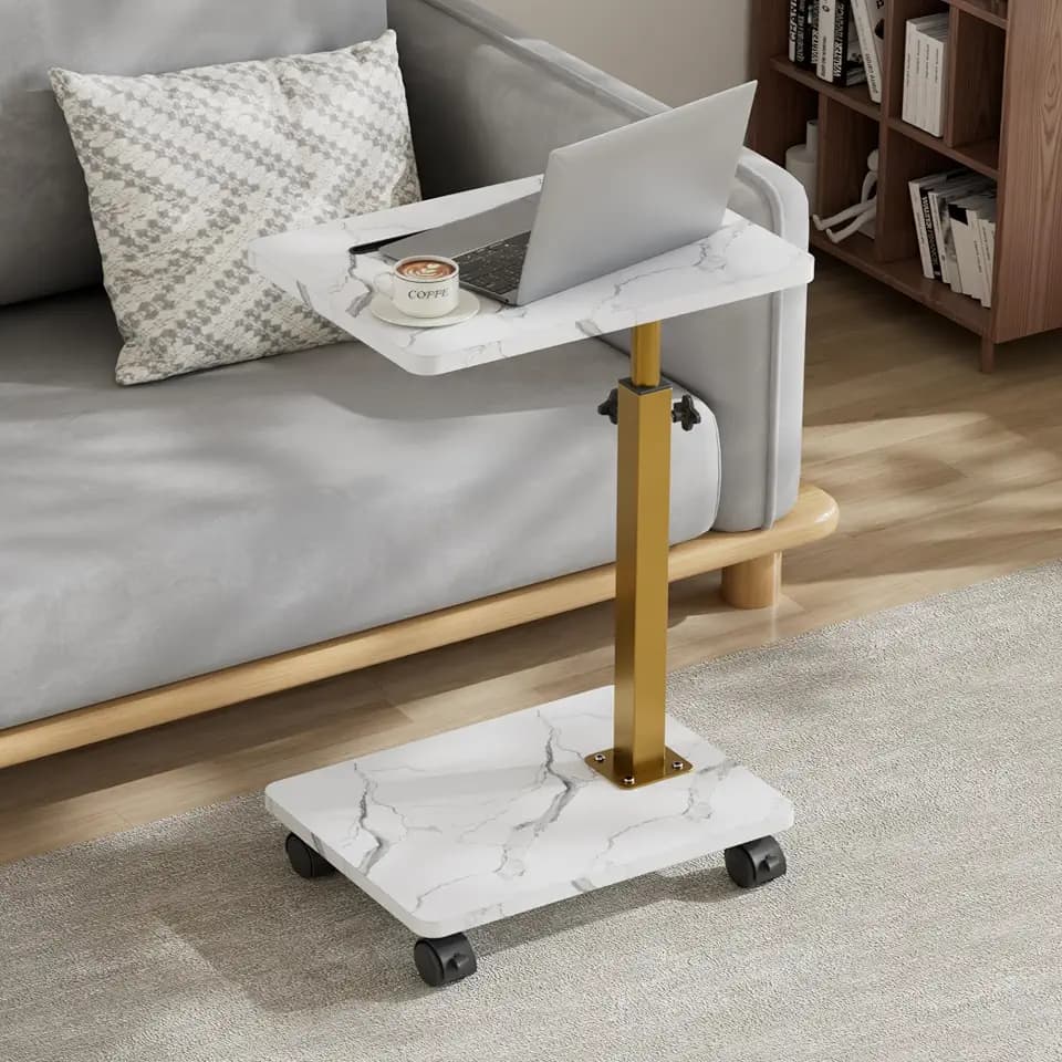 VECELO TV Tray Table for Couch, Adjustable Height & 360°Swivel & with 4 Wheels, C Shaped Snack Table for Sofa, Bed, Small Space, Marbling White & Golden