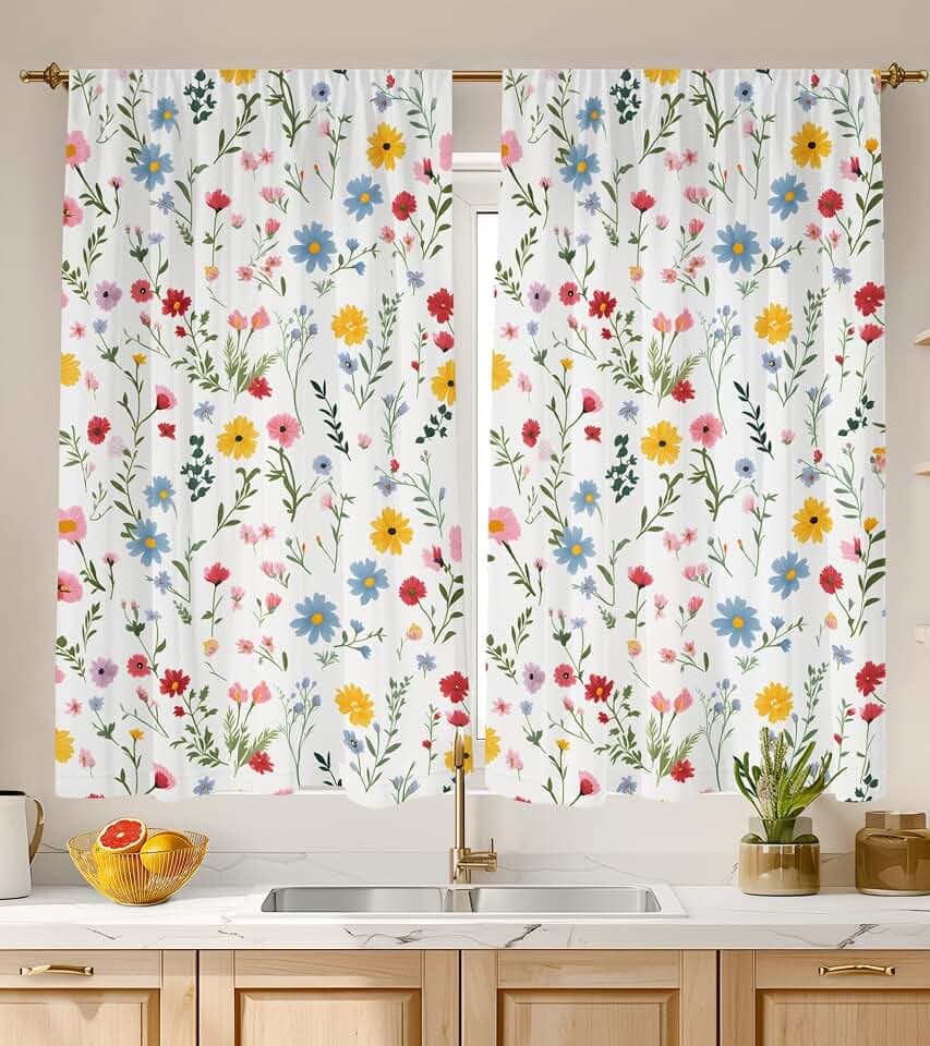 Kitchen Curtains for Cafe Window Over Sink Tier, 26×45", Floral