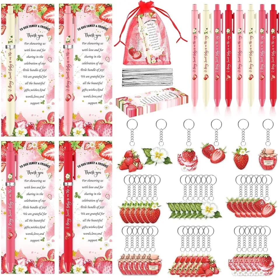 180 Pcs Strawberry Baby Shower Gifts for Guest A Berry Sweet Baby is On the Way Party Favors Retractable Ballpoint Pens Keychains Favors and Greeting Cards Bulk Gender Reveal Souvenirs Prize Game